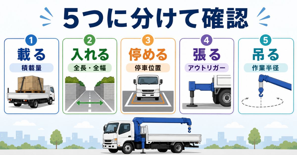 2tユニック車の作業可否を載る・入れる・停める・張る・吊るの5条件で確認する図解