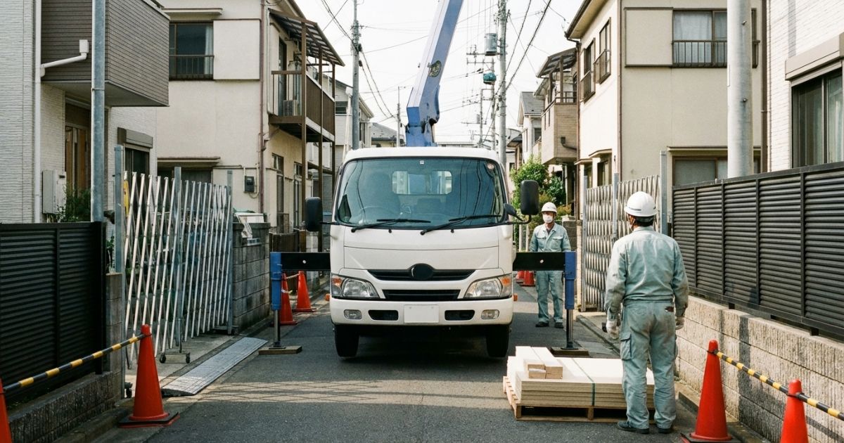 住宅街の小規模現場で2tユニック車が停車し、アウトリガーを展開して作業前の確認をしている様子