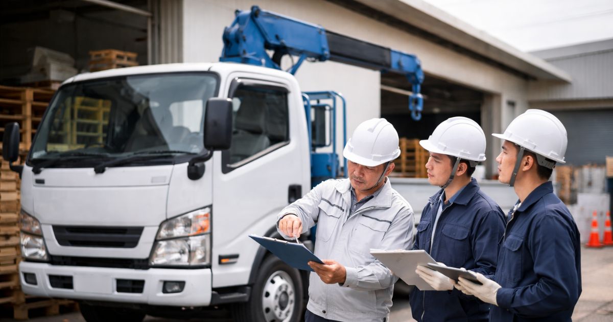 2tユニックの手配前に安全や資格条件を確認している現場イメージ