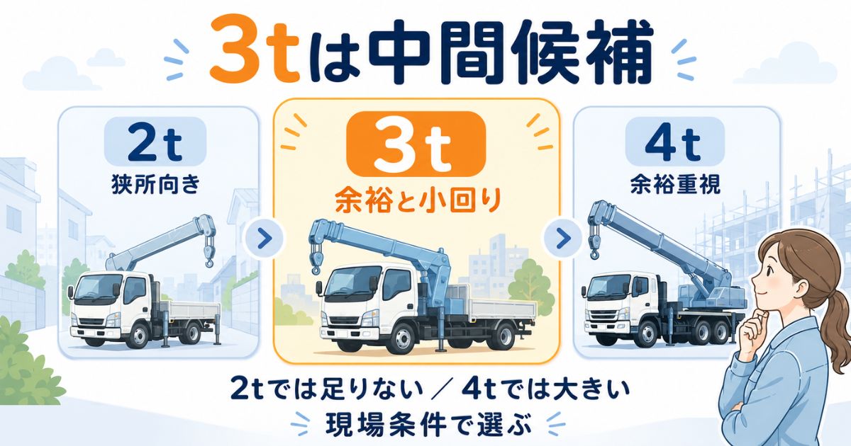 3tユニックは2tでは足りず4tでは大きい現場で検討しやすい中間候補であることを示す比較図解