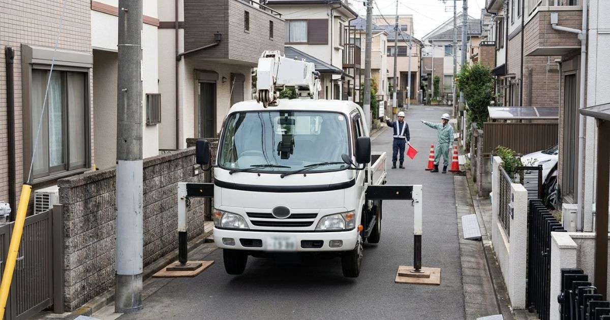 住宅街の狭い道路で3tクラスのクレーン付きトラックがアウトリガーを展開し、誘導員が安全確認している様子