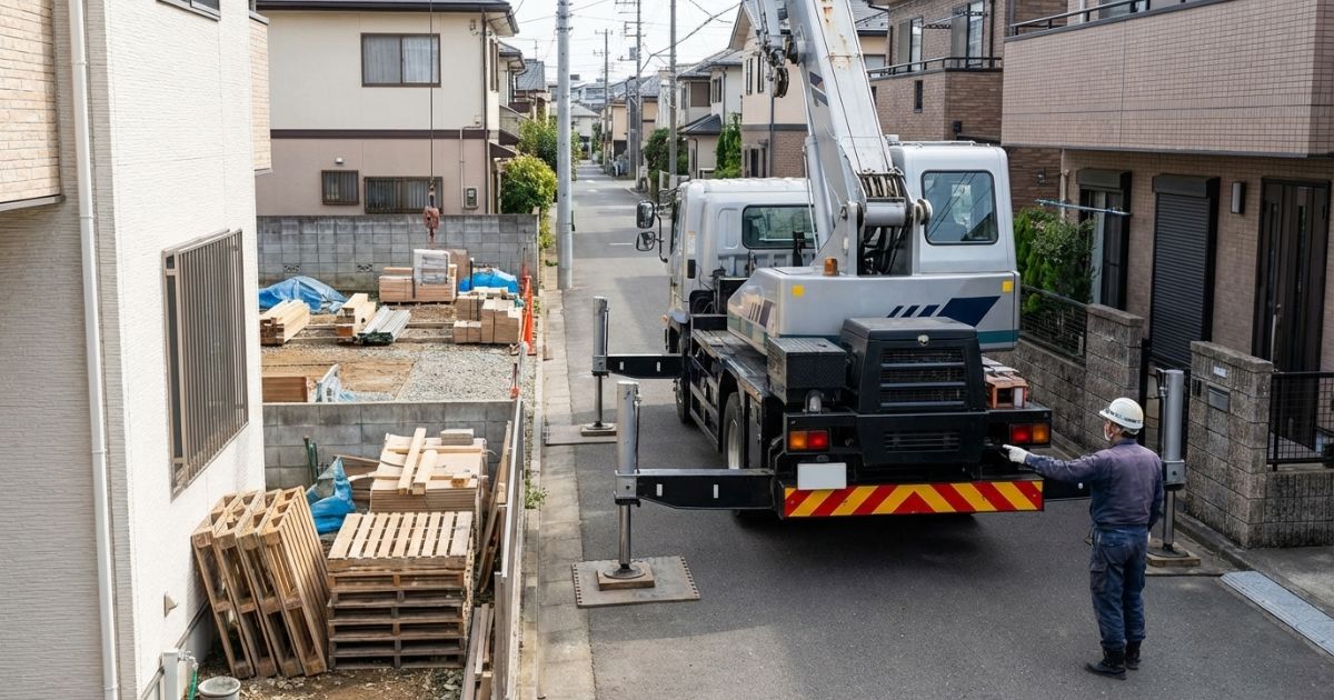 停車位置のずれで作業半径が伸びやすい住宅街で、3tクラスのクレーン付きトラックが設置スペースを確認している様子