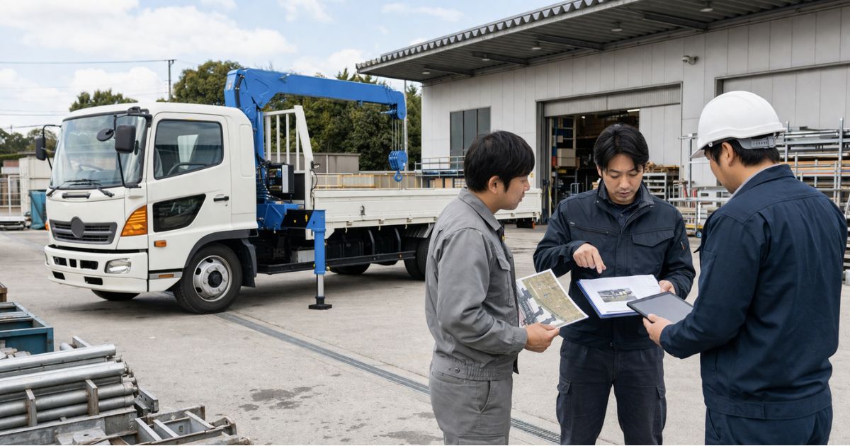 4tユニックの手配方法を現場で比較検討している様子