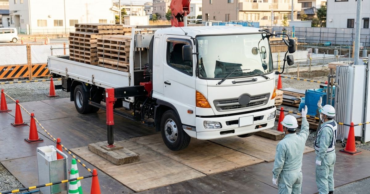 吊りと運搬のバランスが取りやすい4tユニック車が、安定した設置条件で準備されている様子