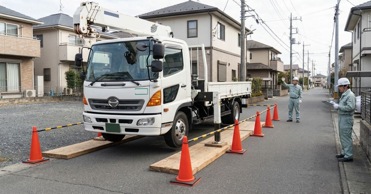 住宅街の現場で4tクラスのユニック車がアウトリガーを展開し、安定した状態で作業前確認を行っている様子