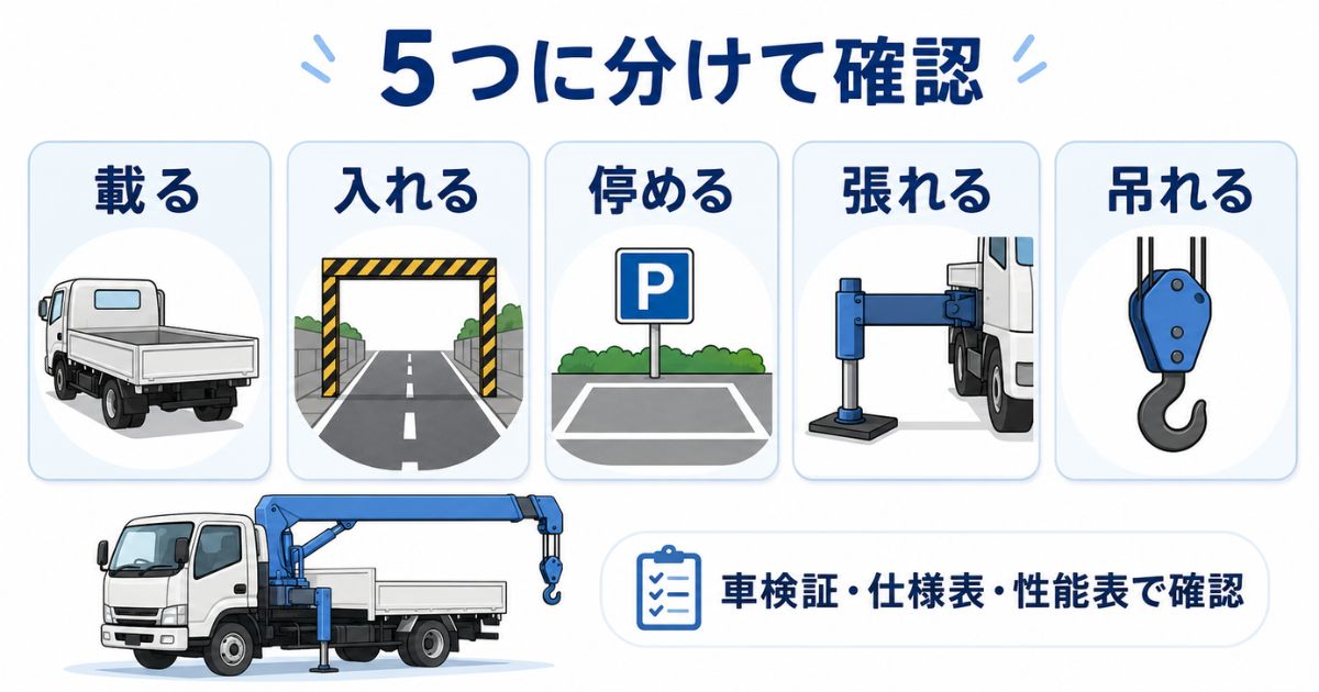 4tユニック車の手配前に載る・入れる・停める・張れる・吊れるを分けて確認する図解
