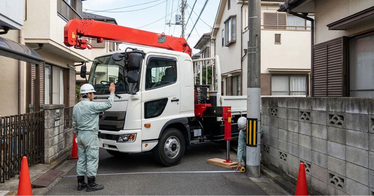 4tユニック車の停車位置によって作業半径が変わることを確認している現場の様子