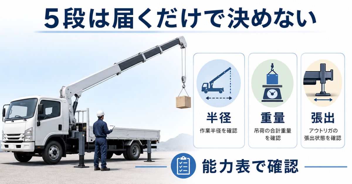 5段ブームは届く距離だけでなく作業半径・重量・アウトリガー張り出しを確認する必要があることを示す図解