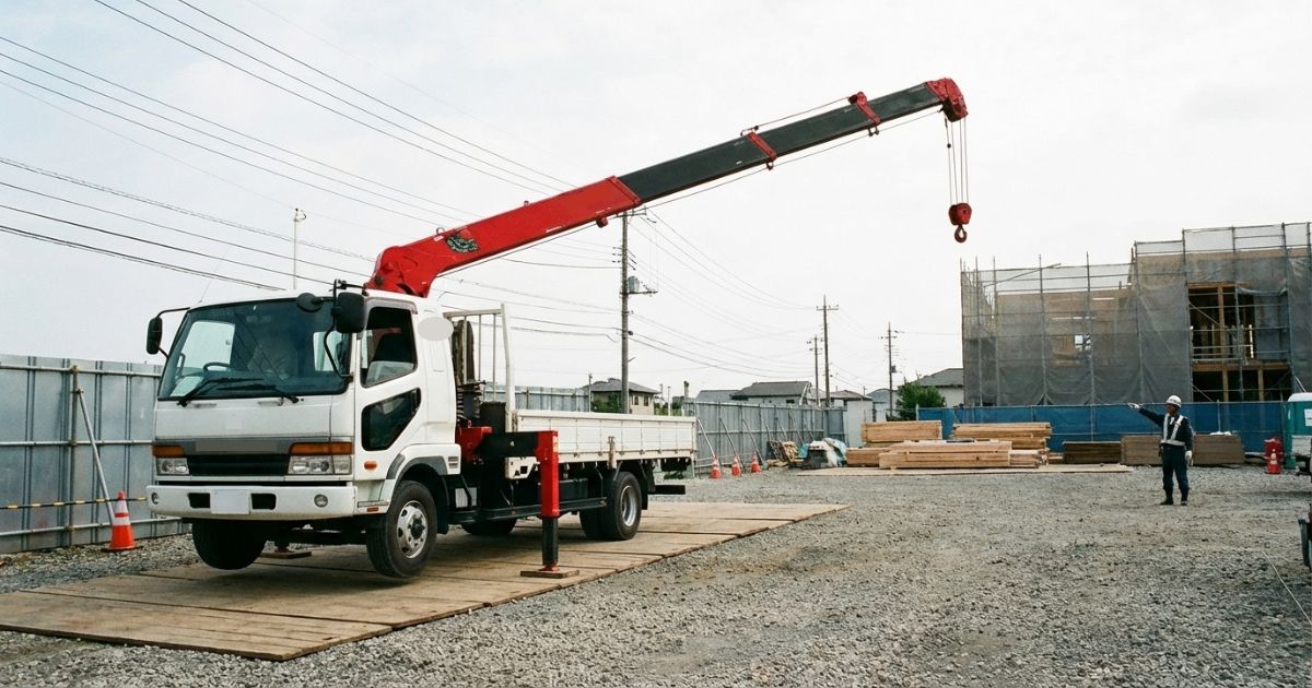 5段ブームのユニック車が到達距離を確保するために伸縮して待機している現場