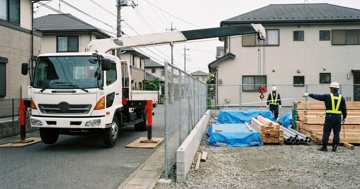 寄せられず作業半径が伸びやすい現場でユニック車が停止位置を確認している様子