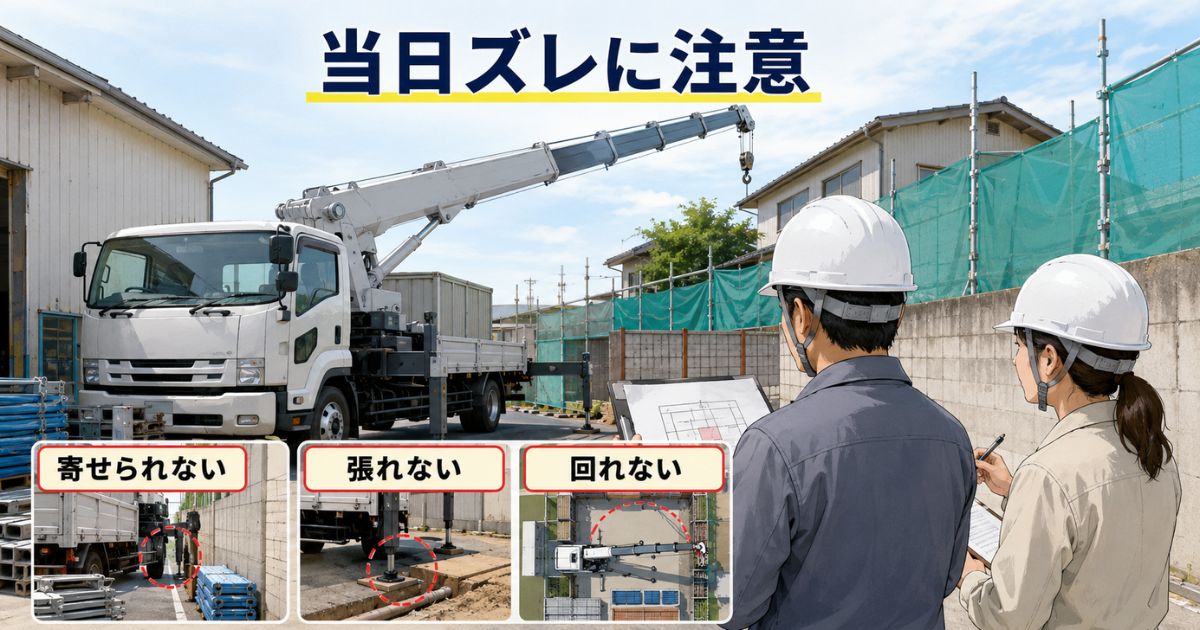 5段ブームの作業前に停止位置・アウトリガー張り出し・旋回制限を確認している現場イメージ