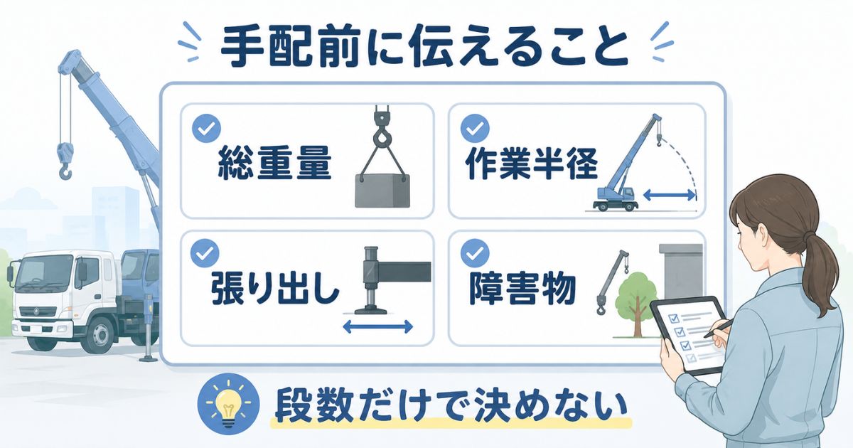 ユニック車6段ブームを手配する前に総重量・作業半径・張り出し・障害物を確認するチェックリスト