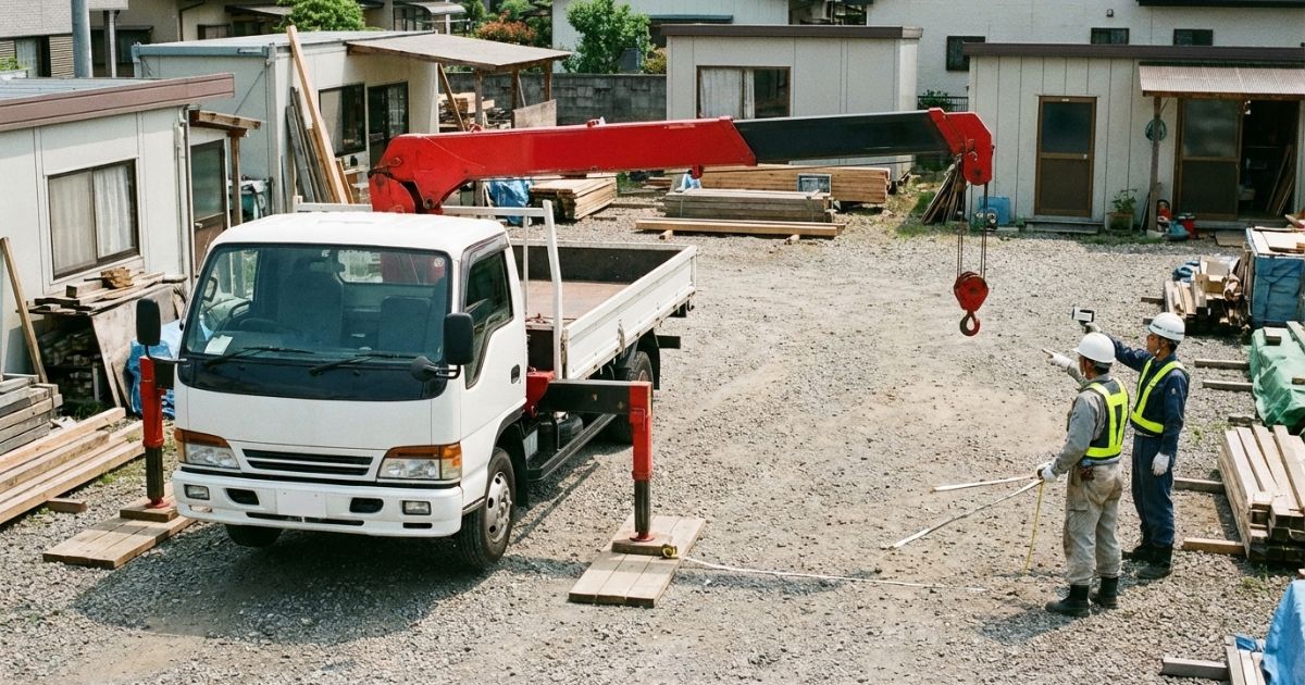 停止位置から作業半径を確認し条件一致で成立判定するための現場確認イメージ
