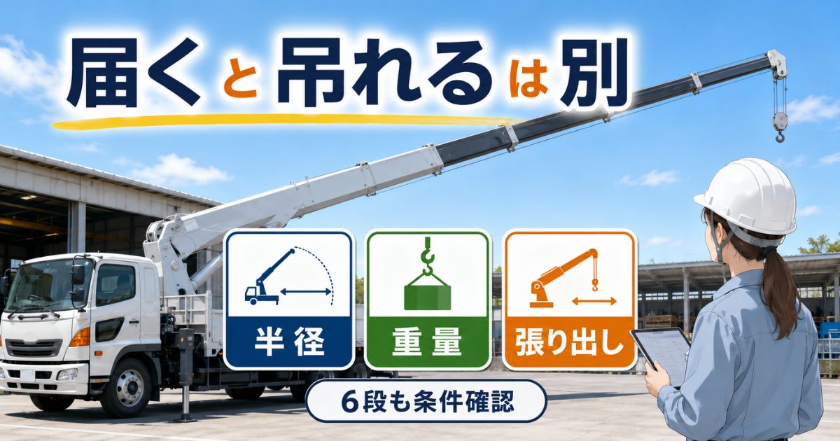 ユニック車6段ブームは届く距離と吊れる重量を分けて確認することを示す図解