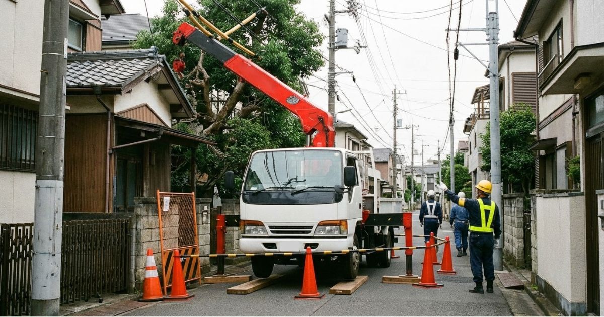 6段ブームのクレーン付きトラックが到達を確保しつつ距離条件を確認している現場