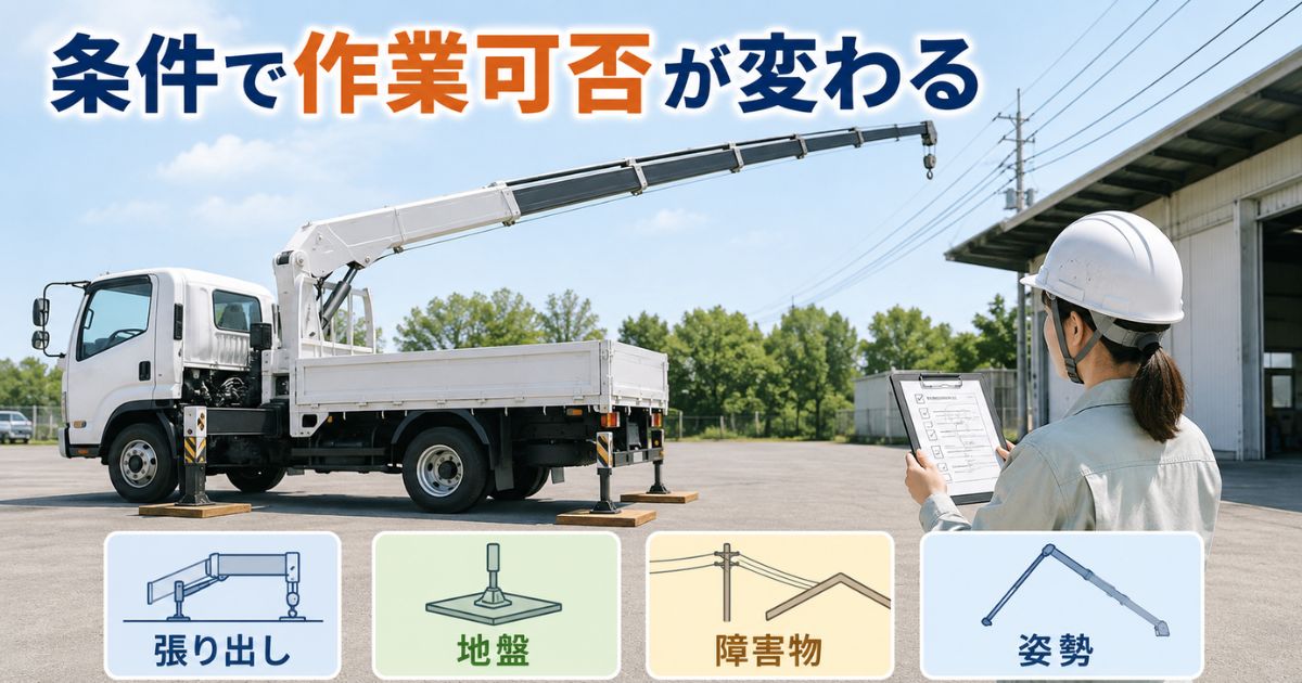 アウトリガー張り出しや地盤と上空障害物の条件で6段ブーム作業可否が変わる現場イメージ