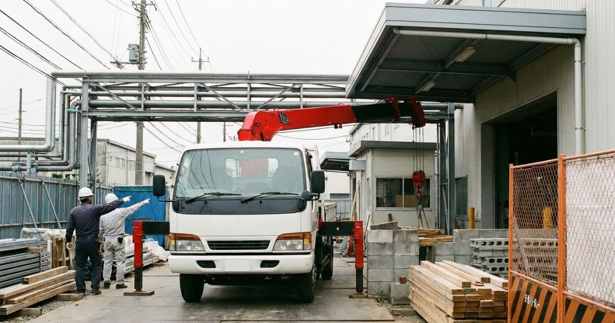 アウトリガー張り出しや上空障害物の制約で6段ブームの姿勢が制限される現場