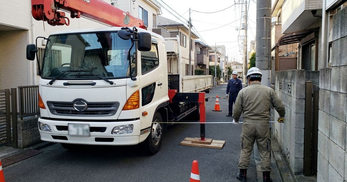 6tユニック車の進入路とアウトリガー設置スペースを測って確認している場面