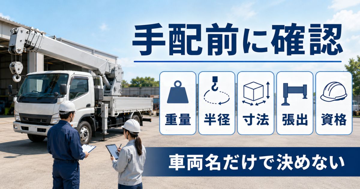 6tユニック車を手配する前に重量・半径・寸法・張出・資格を確認している場面