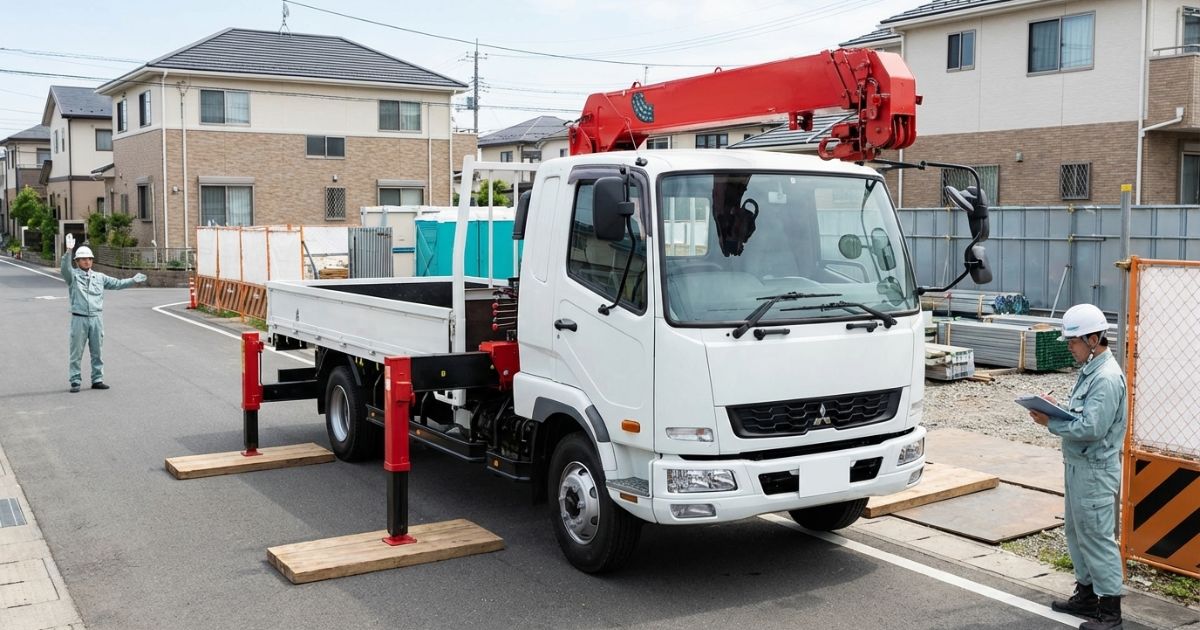 6tユニック車がアウトリガーを敷板の上に設置し、誘導者と安全確認をしている様子