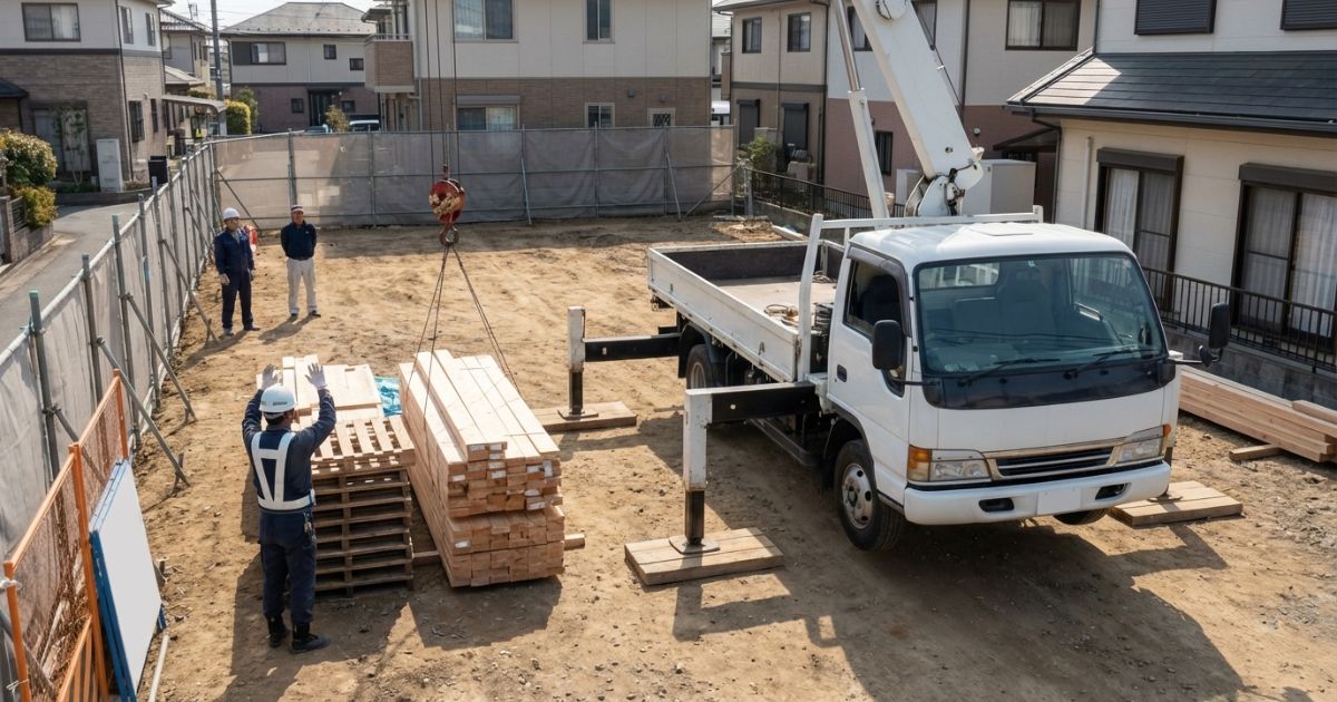 6tユニック車で吊り作業前に合図体制を確認し、荷と作業半径の条件をすり合わせている様子