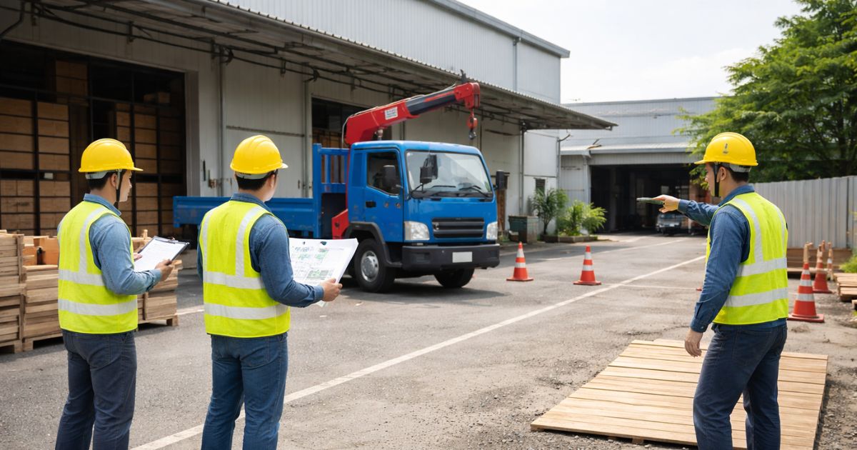 6tユニック車の作業前に進入と設置条件を確認している現場イメージ