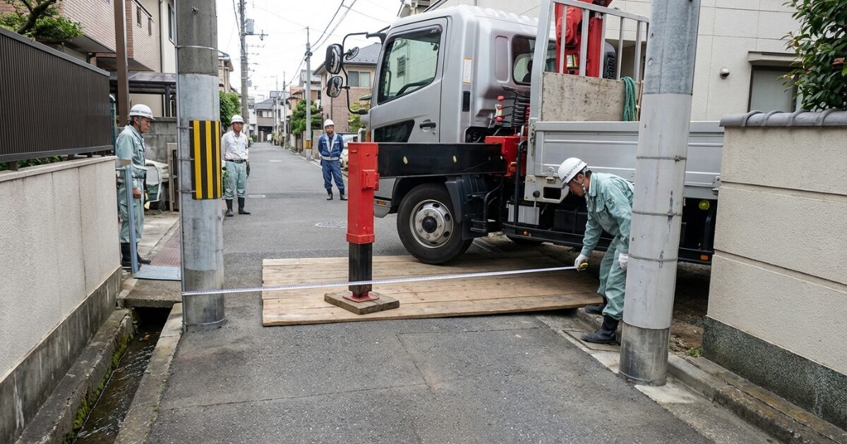8tユニック車の進入路とアウトリガー設置スペースを測って確認している場面