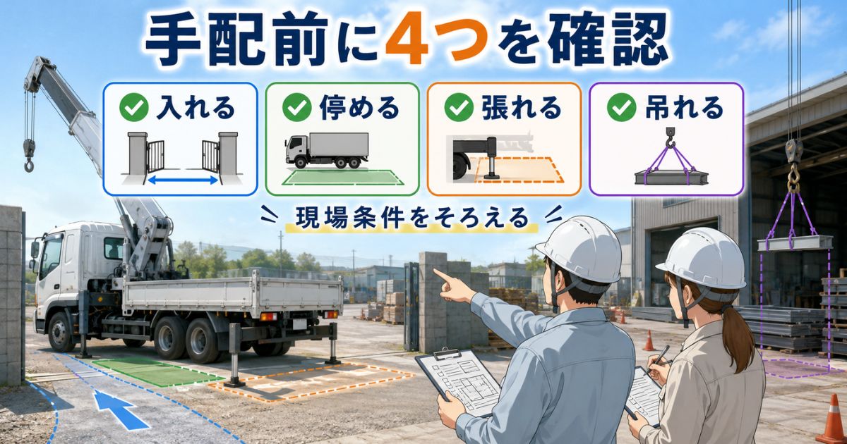 8tユニック車の手配前に入れる・停める・張れる・吊れるを確認している現場イメージ