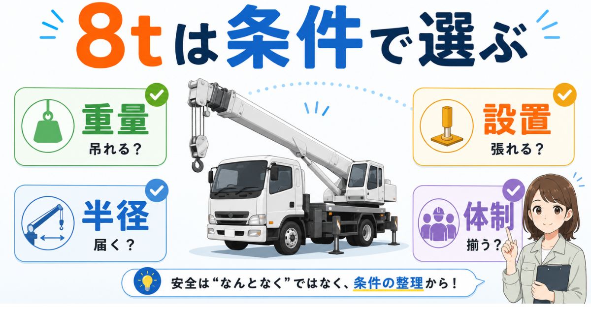8tユニック車を重量・半径・設置・体制の4条件で選ぶことを示すアイキャッチ図解