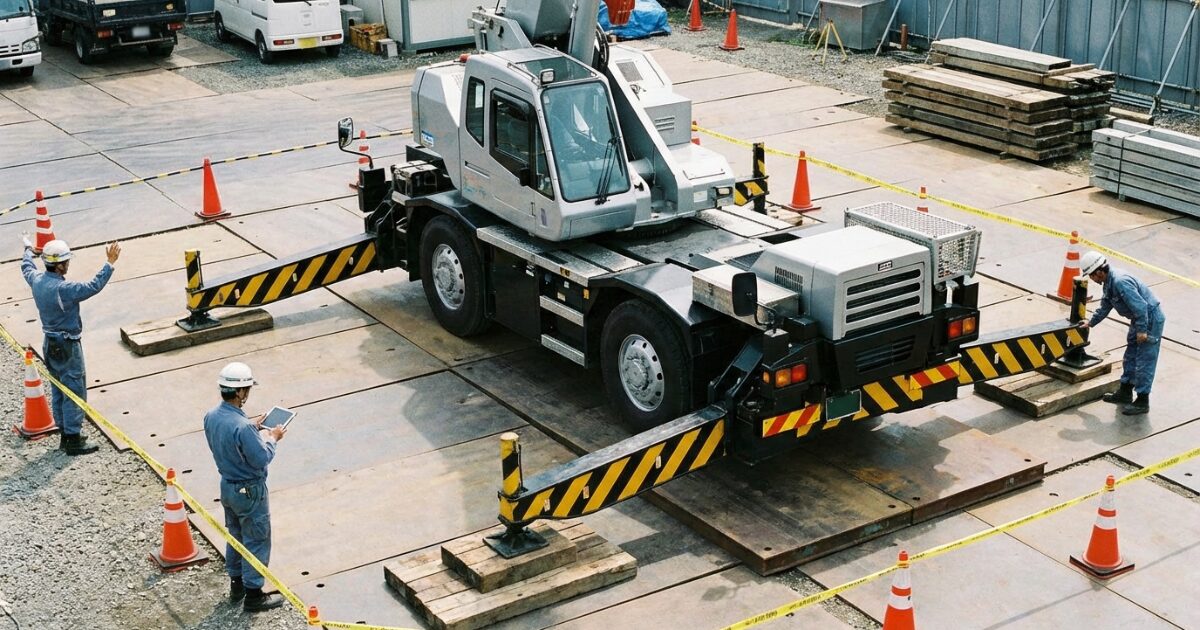 8tユニック車がアウトリガーを大きく展開し、作業前に安全確認をしている様子