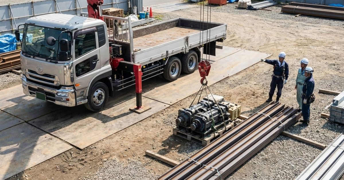 8tユニック車で大型部材の吊り作業前に合図体制を確認し、必要重量と作業半径をすり合わせている様子