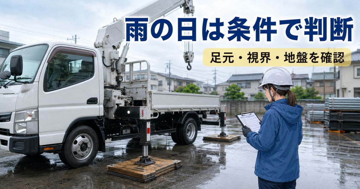 雨の日のユニック車作業で足元・視界・地盤を確認して条件で判断する様子