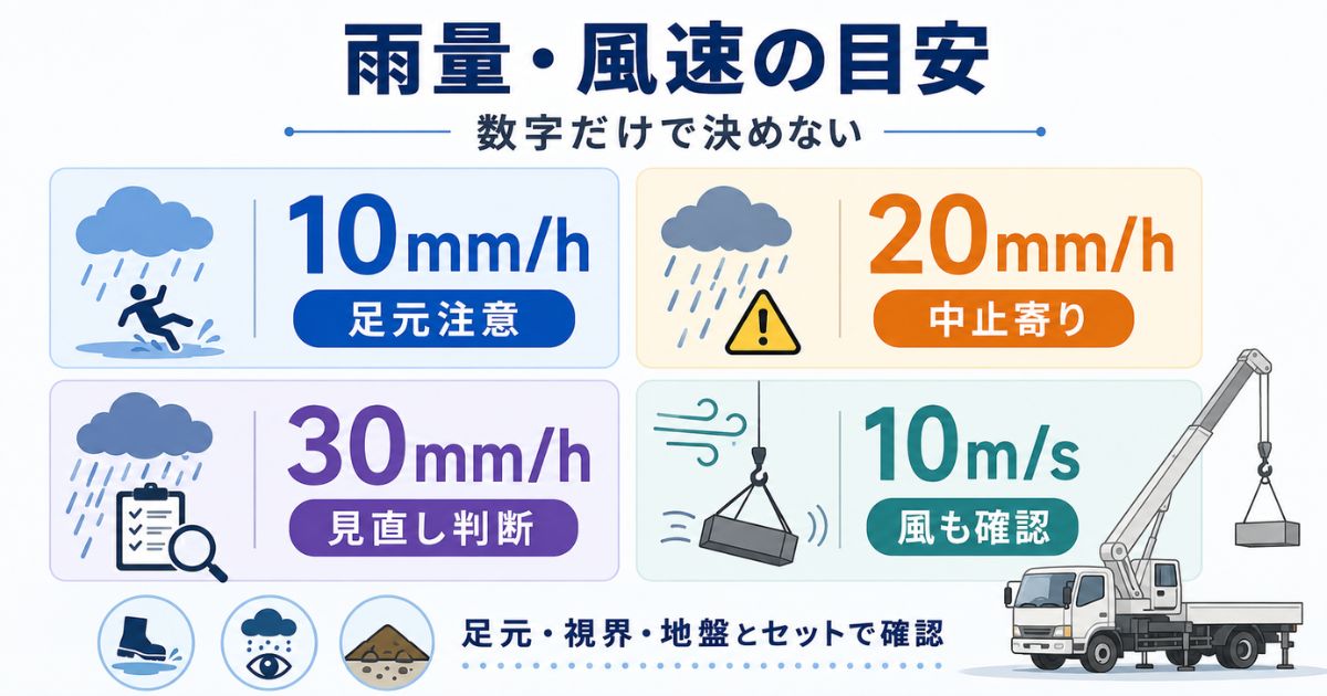 雨量10mm・20mm・30mmと風速10m/sを目安として確認する数値カード図解