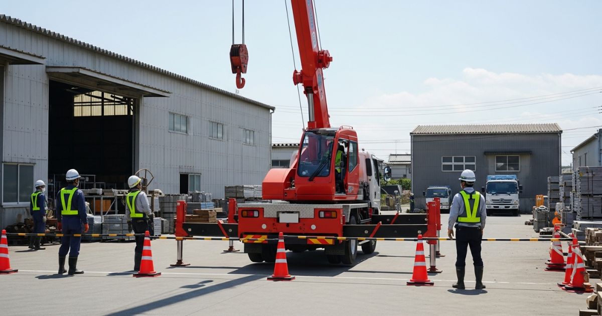 ユニック車の作業前にアウトリガーを張り出し、コーンで立入範囲を区切って安全確認している様子