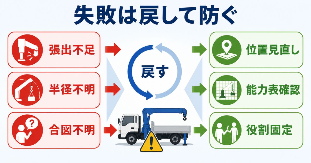 ユニック車作業で張出不足・半径不明・合図不明を回避する流れを示す図解