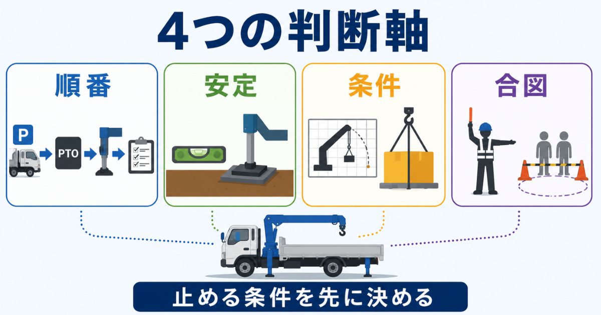 ユニック車の安全対策を順番・安定・条件・合図の4軸で整理した図解