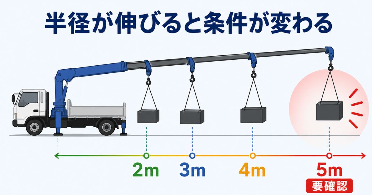 ユニック車の作業半径が2mから5mへ伸びると条件確認が必要になることを示す図解