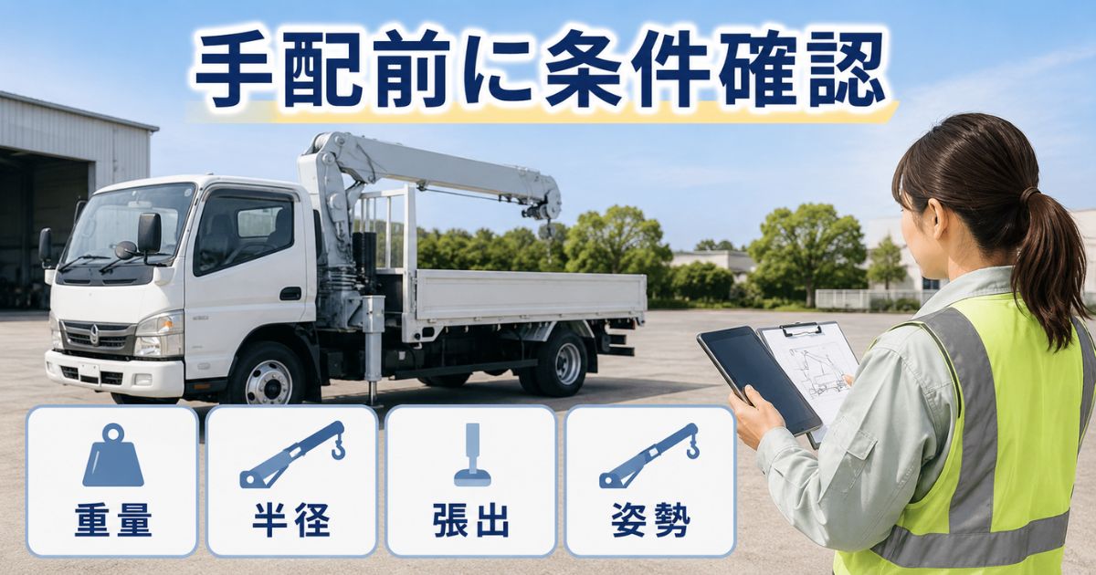 ユニック車の手配前に重量・作業半径・アウトリガー・ブーム姿勢を確認している場面