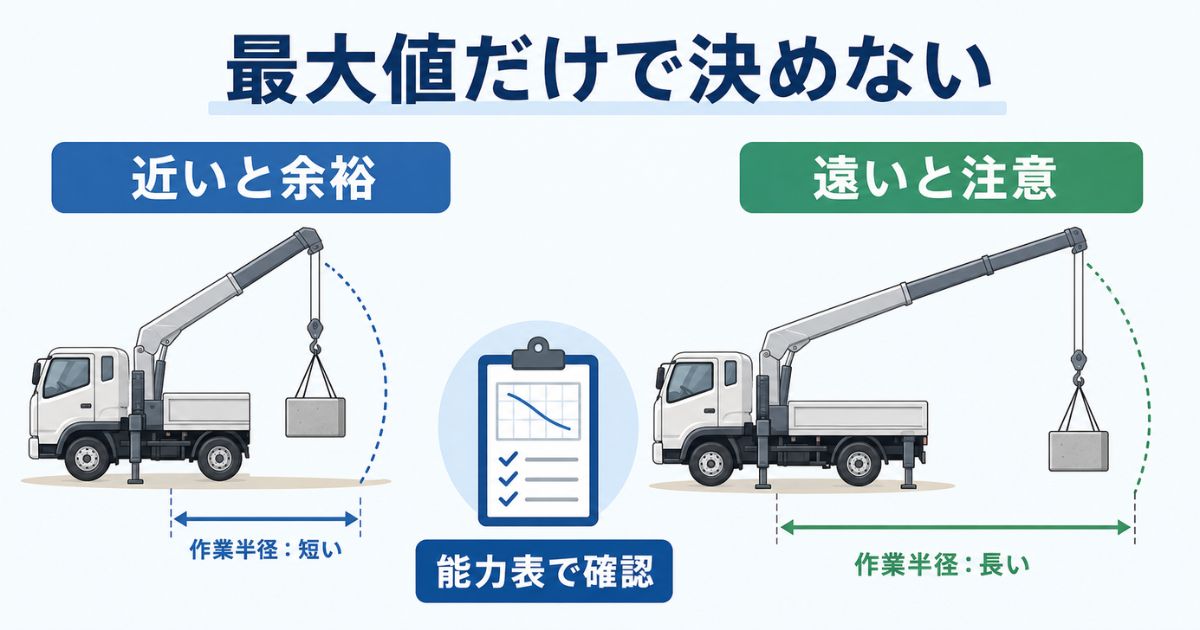 ユニック車の最大つり上げ荷重だけで判断せず能力表で確認することを示す図解