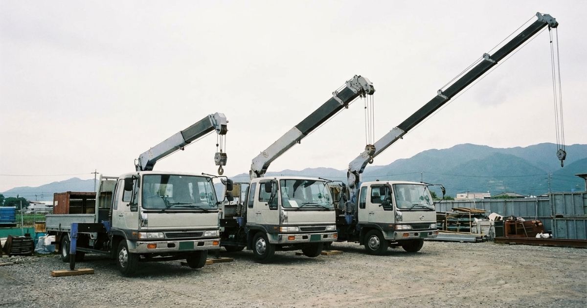 ブームの伸び方が異なるユニック車が並び、段数の使い分けイメージを掴める構図