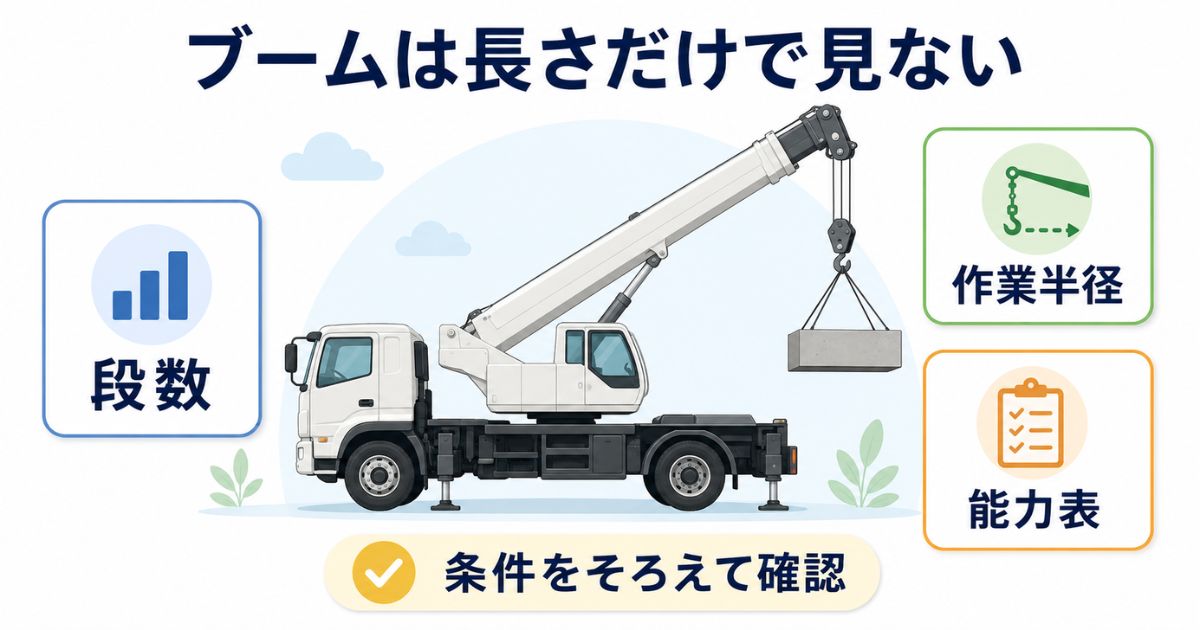 ユニック車のブームは段数・作業半径・能力表をセットで確認することを示す図解