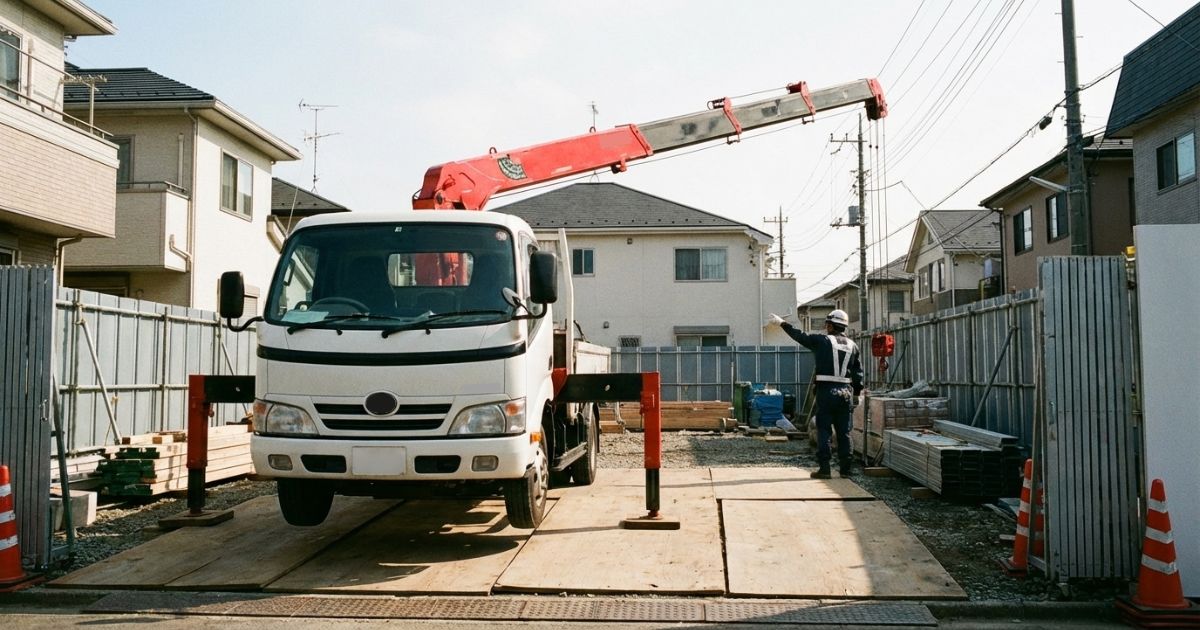 ユニック車のブームが複数段で伸縮する構造だと分かる現場の待機状態