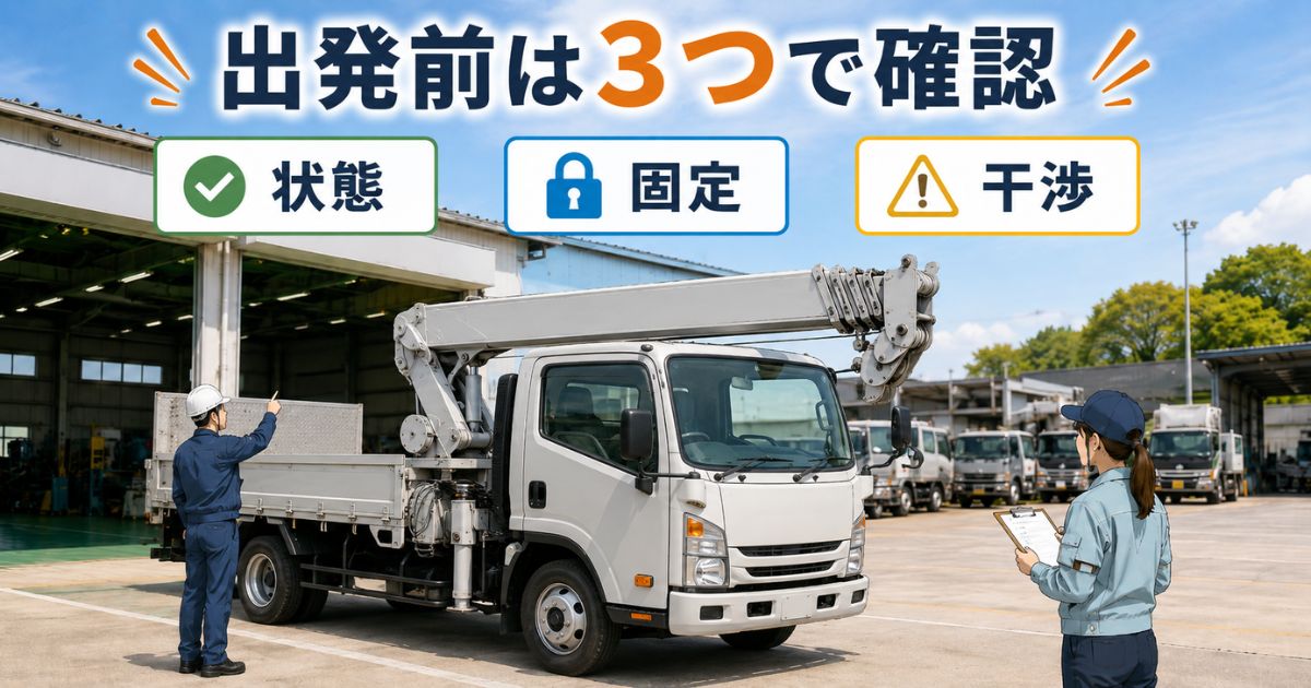 ユニック車の出発前にブーム格納の状態・固定・干渉を作業者が確認している場面