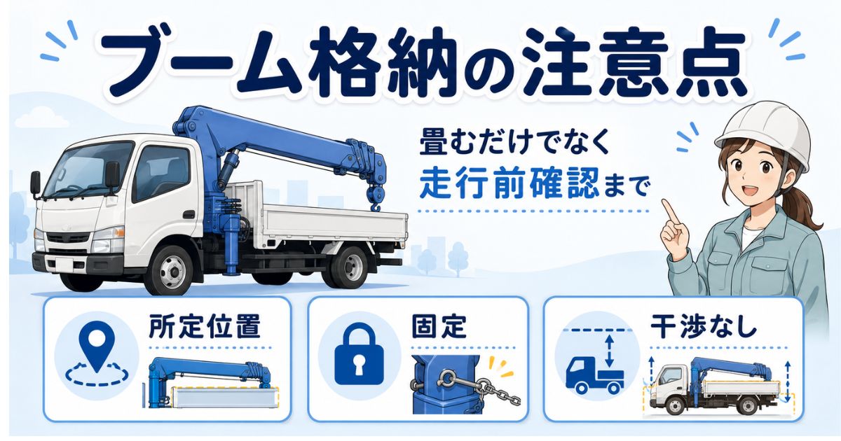 ユニック車のブーム格納は畳むだけでなく所定位置・固定・干渉なしを走行前に確認することを示した図解
