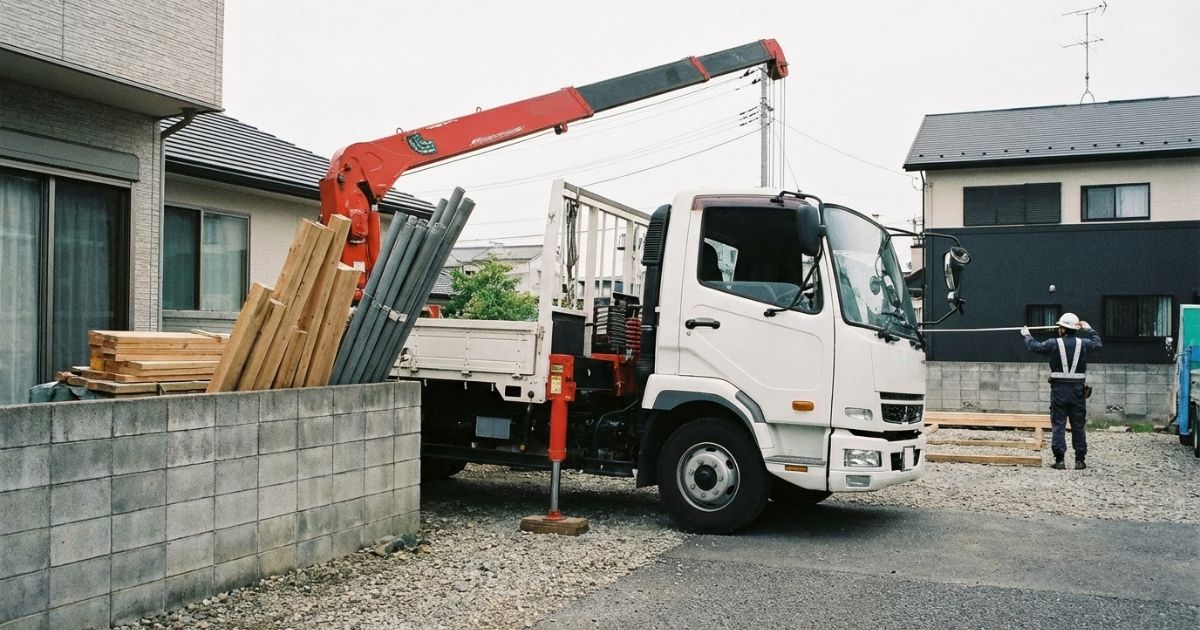 障害物や寄せ条件で作業半径とブーム姿勢が変わり得る現場イメージ