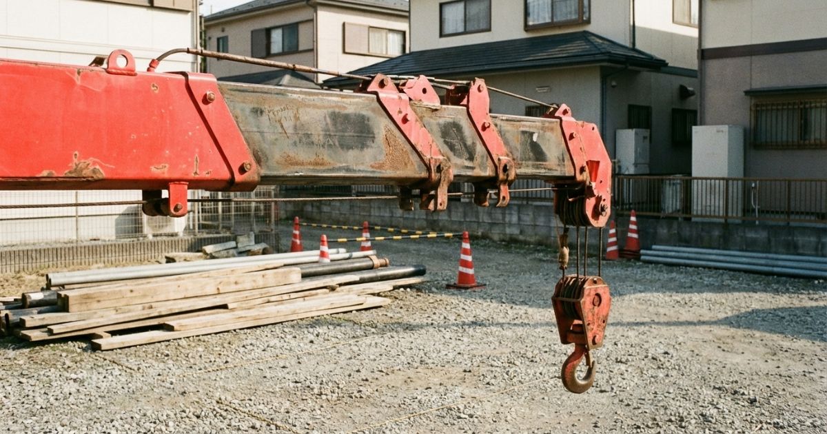 ユニック車のブームのベース部と伸縮段、フック周りの位置関係が分かる構図