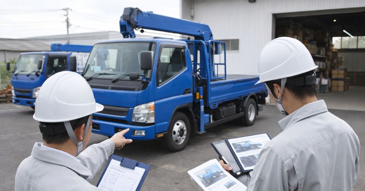 中古ユニック車の購入とレンタルを現場で比較検討するイメージ