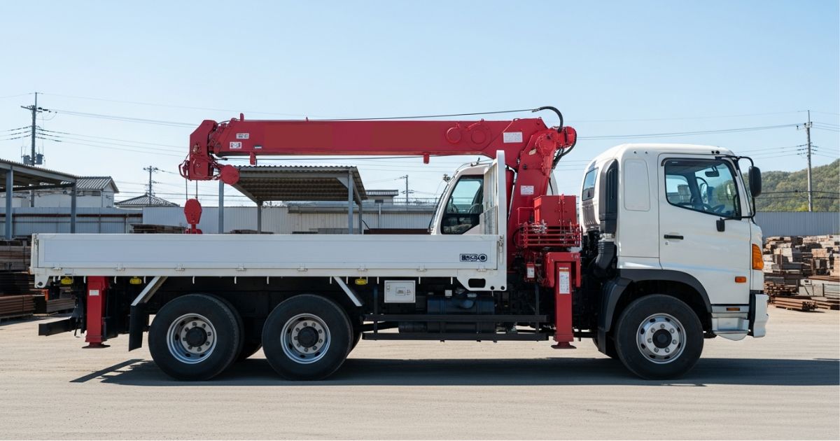 日本の資材置場に停車するユニック車(クレーン付きトラック)の側面