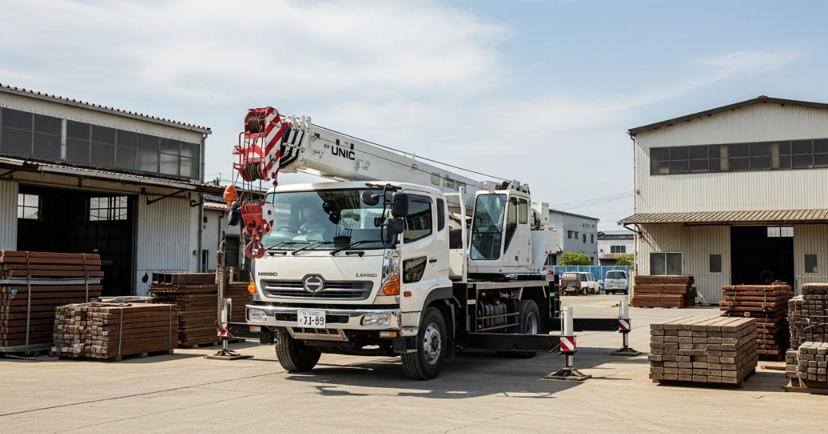 建材置き場でアウトリガーを設置して作業準備をしているユニック車の例