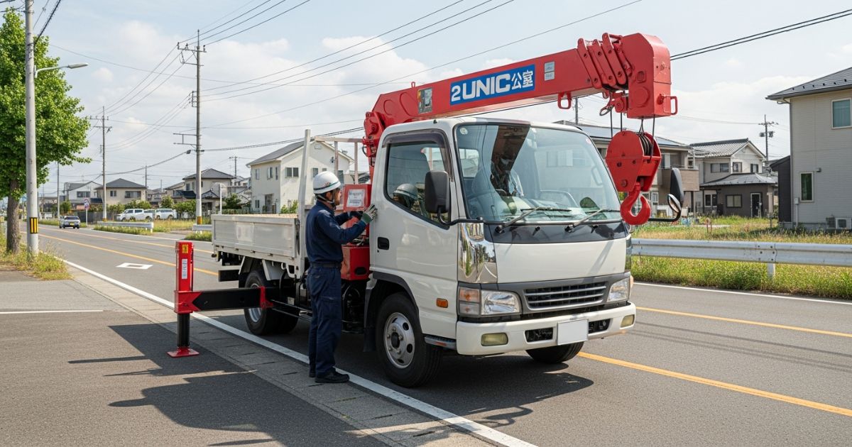 普通免許で運転できるか条件を確認しながら停車中のユニック車